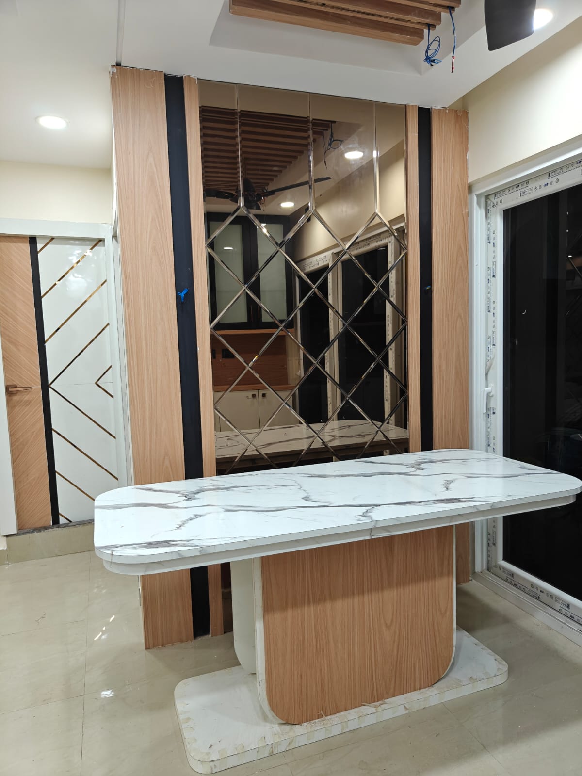 Dining table and decorative hall wall panel design